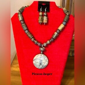 2Pc Picasso Jasper Gemstone Necklace & Earrings set w/plated findings.
